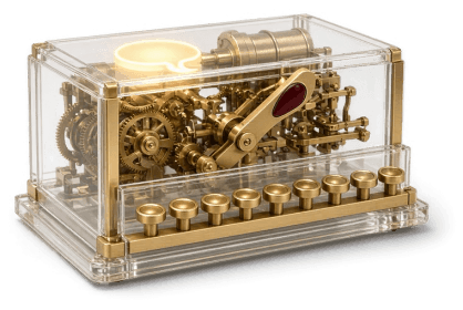 A glass-and-brass calculating machine with a glowing speech bubble
