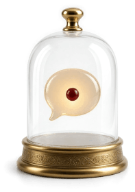 A glass display cloche on a brass base, holding a glowing speech bubble