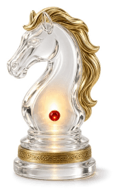 A glass chess knight with a brass mane and a glowing core