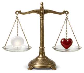 A brass balance scale weighing a glowing glass speech bubble against a red enamel heart