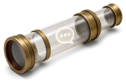 A brass-and-glass telescope with a glowing speech bubble inside and a deep-red lens ring